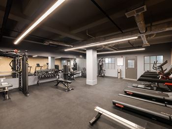The bell apartments has a spacious gym with a variety of equipment including treadmills, weights, and a bench press.